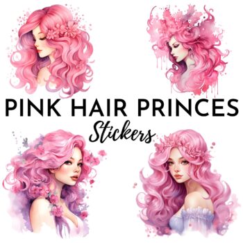 12pcs Pink Hair Princess Stickers