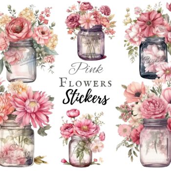 12pcs Pink Jar Flowers Stickers
